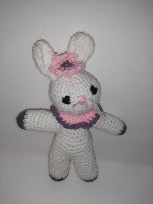 White Amigurumi Bunny with Pink & Purple Collar and Flower 11" Tall