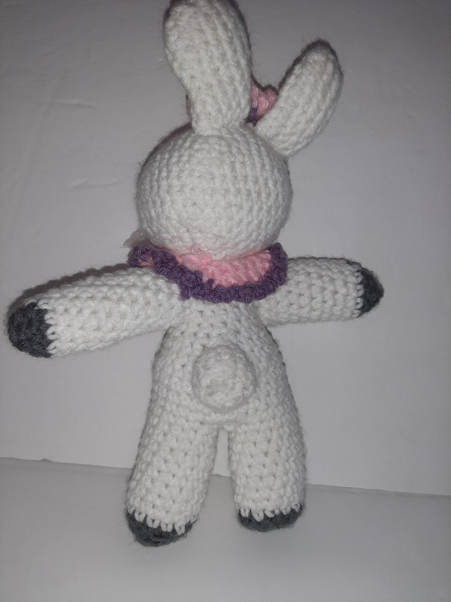 White Amigurumi Bunny with Pink & Purple Collar and Flower 11" Tall