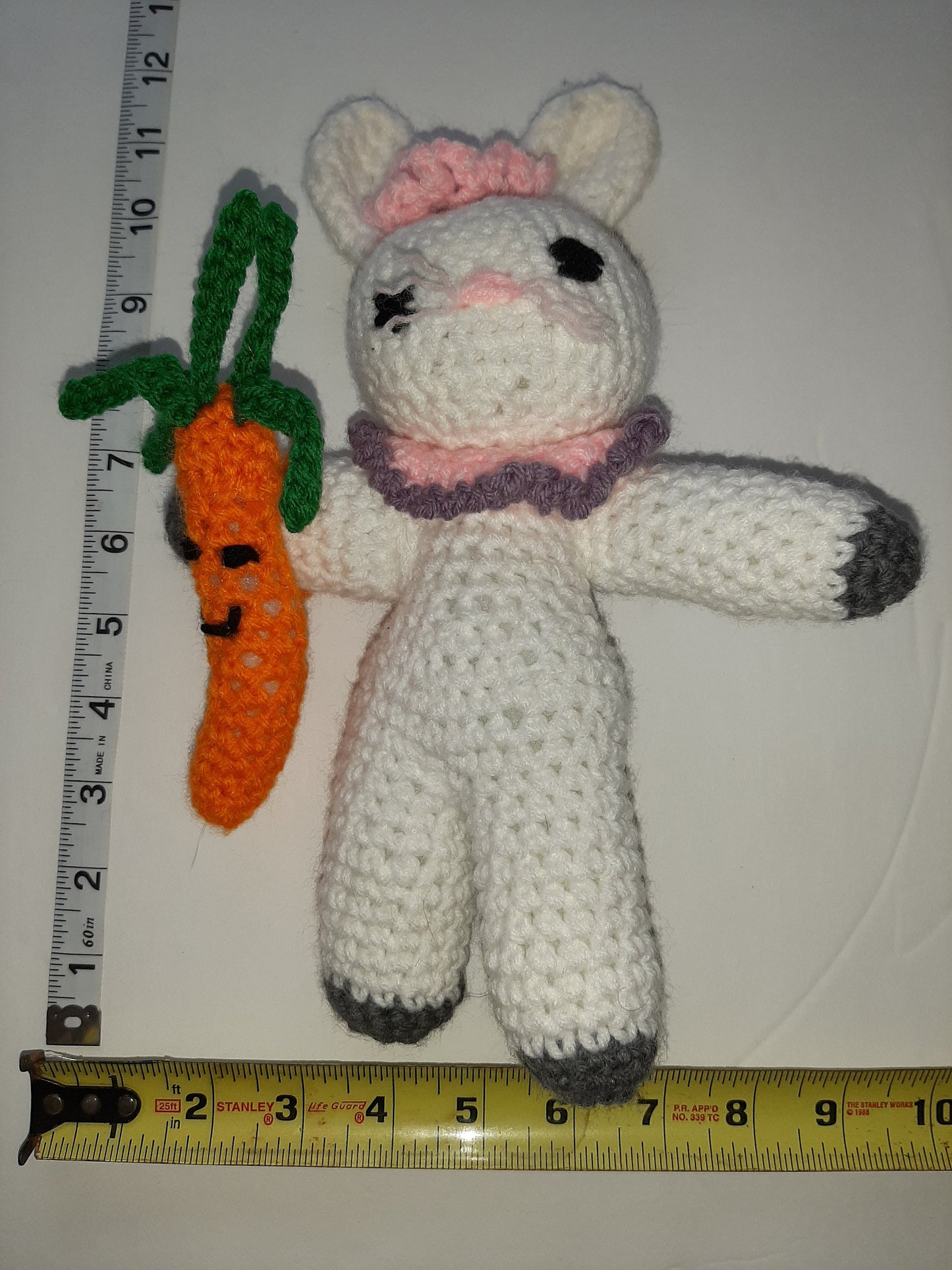 White Amigurumi Bunny with Pink & Purple Collar and Flower 11" Tall