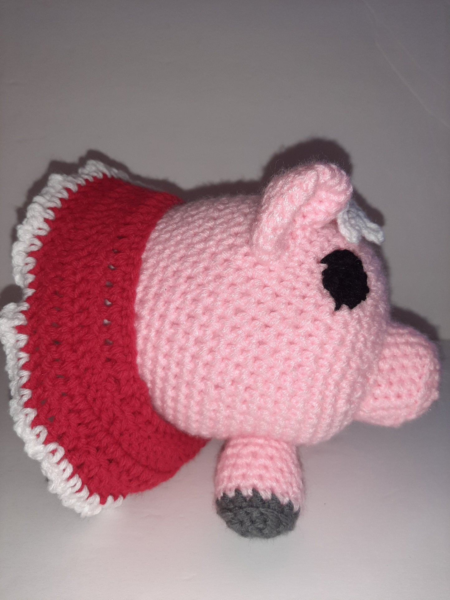 Pink Amigurumi Pig in a Red Removable Skirt  6" Tall Safe Eyes